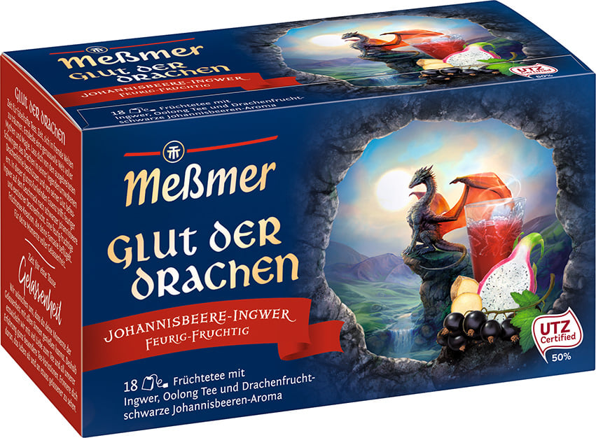 Meßmer Glut der Drachen
In diesem glutroten Früchtetee trifft feuriger Ingwer auf den Geschmack von schwarzer Johannisbeere und exotischer Drachenfrucht – eine feurig-fruchtige Kreation, die die Fantasie beflügelt.