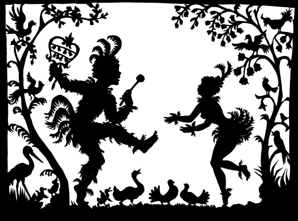 Lotte Reinigers Scherenschnitt „Papageno und Papagena“ aus der Serie „Die Zauberflöte“. Bild: Stadtmuseum Tübingen