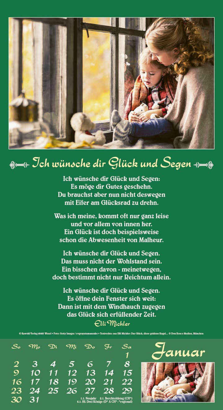 Kalenderblatt: Ich wünsche dir Glück und Segen / Januar. Foto: Getty Images/evgenyatamaenko